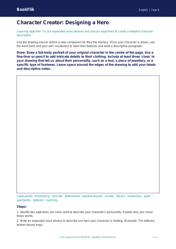 Free Character Description Drawing Sheet | Class 4 | English | BookFlik worksheet preview β English Character Description