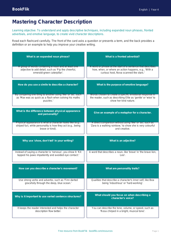 English character description flashcards class 4 core worksheet preview — English Character Description