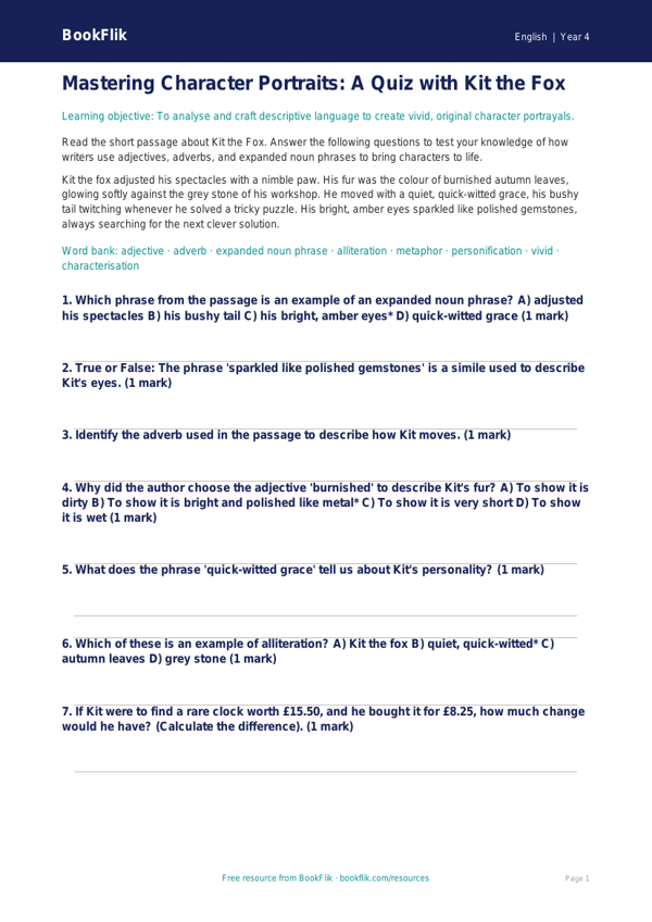 Character Description Quiz for Class 4 | CBSE English | BookFlik worksheet preview — English Character Description