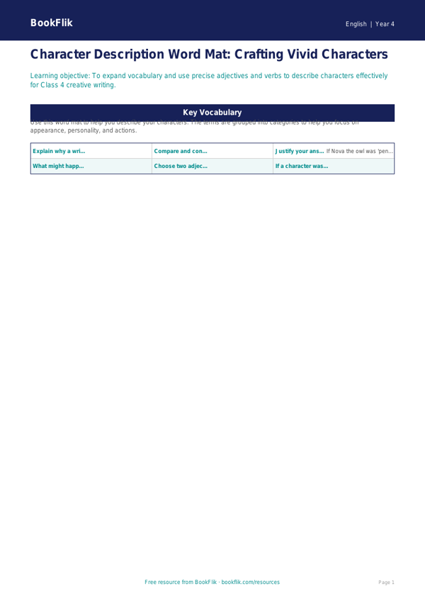 Character Description Word Mat for Class 4 | CBSE English Resources worksheet preview — English Character Description