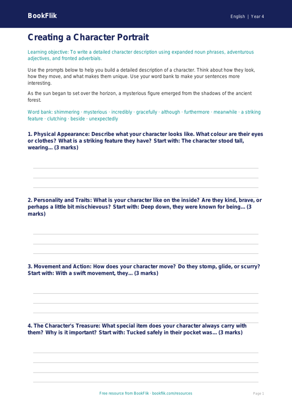 Free Character Description Writing Frame | Class 4 | English | BookFlik worksheet preview — English Character Description