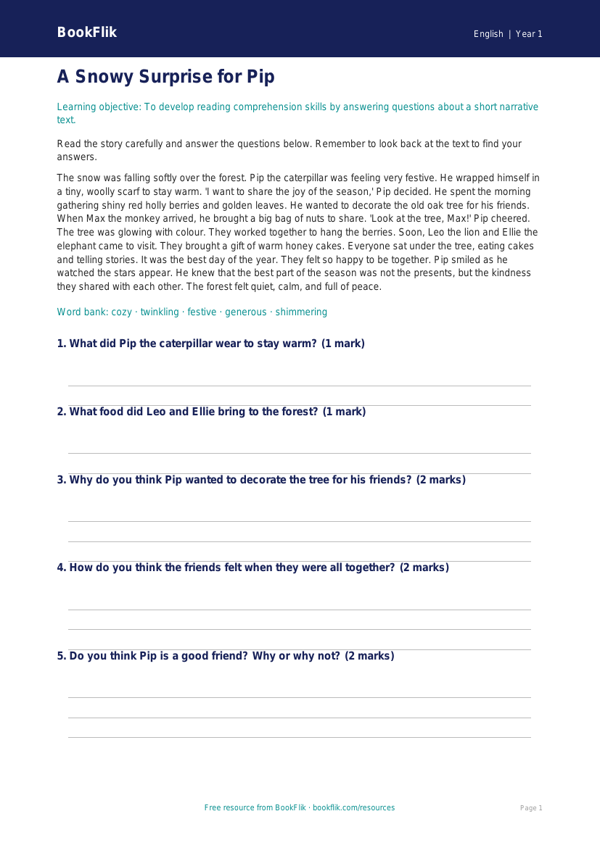Free Christmas Story Comprehension | Class 1 | English | BookFlik worksheet preview — English Christmas Story