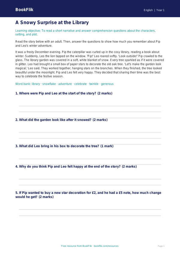 Free Christmas Story Track Sheet | Class 1 | English | BookFlik worksheet preview — English Christmas Story