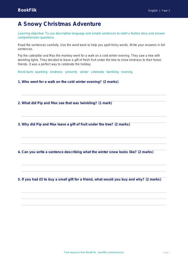 Free Christmas Story Worksheet | Class 1 | English | BookFlik worksheet preview — English Christmas Story