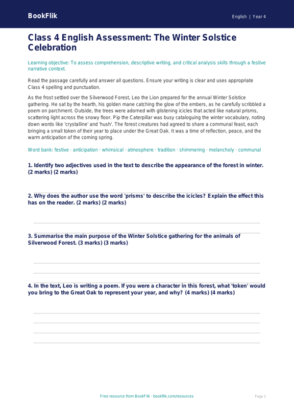 Free Christmas Story Assessment | Class 4 | English | BookFlik worksheet preview — English Christmas Story