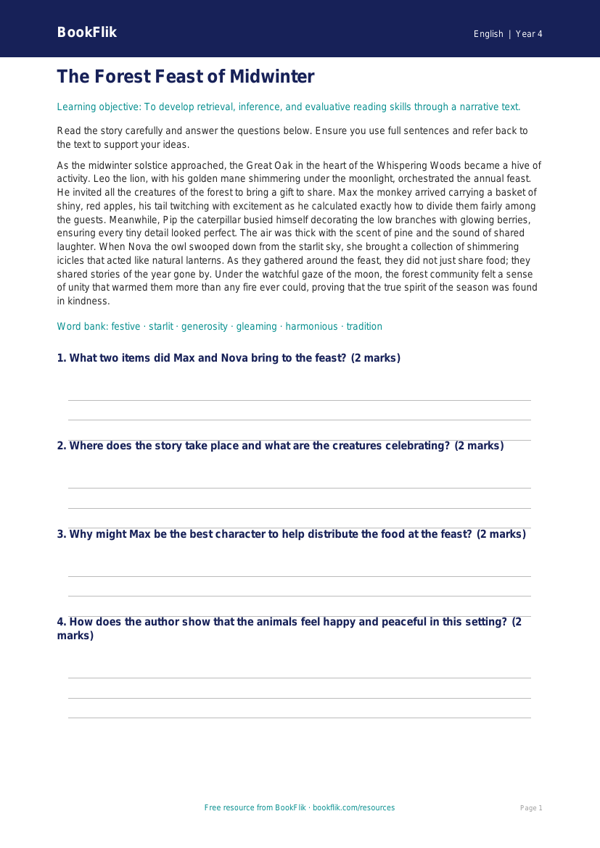 English christmas story comprehension class 4 greater depth worksheet preview — English Christmas Story