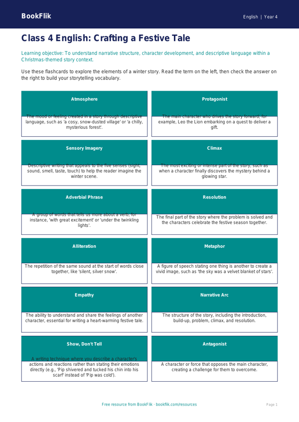 Christmas Story Flashcards for Class 4 | CBSE English | BookFlik worksheet preview — English Christmas Story