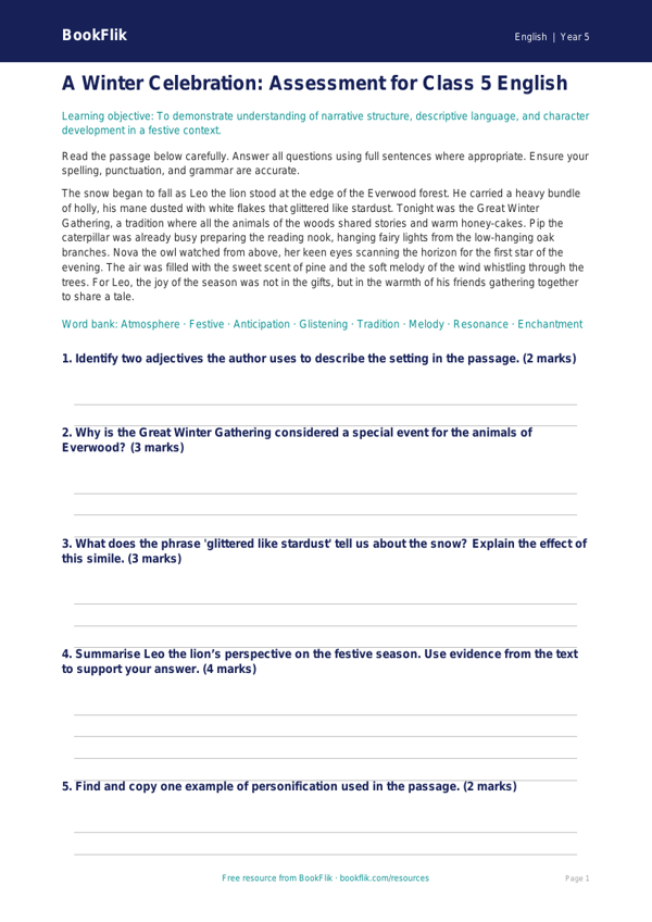 Free Christmas Story Assessment | Class 5 | English | BookFlik worksheet preview — English Christmas Story