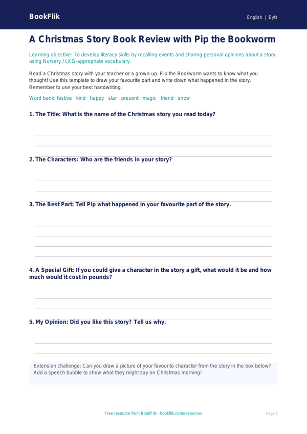 Free Christmas Story Template | Nursery / LKG | English | BookFlik worksheet preview — English Christmas Story