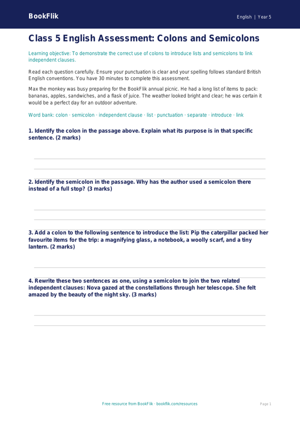 Free Colons And Semicolons Assessment | Class 5 | English | BookFlik worksheet preview — English Colons And Semicolons
