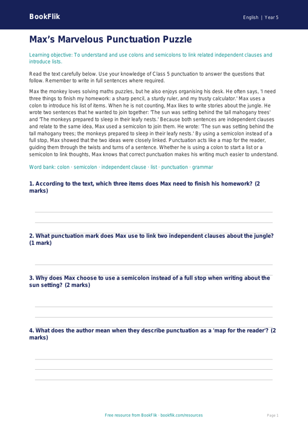 Free Colons And Semicolons Comprehension | Class 5 | English | BookFlik worksheet preview — English Colons And Semicolons