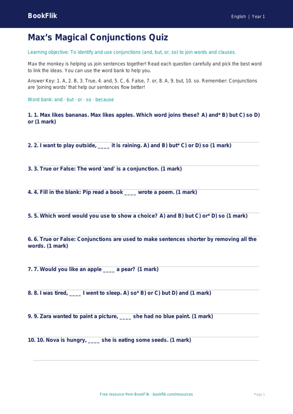 Free Conjunctions Quiz | Class 1 | English | BookFlik worksheet preview — English Conjunctions