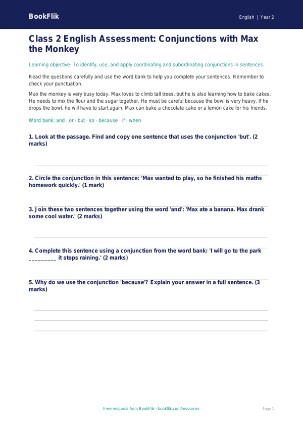 Free Conjunctions Assessment | Class 2 | English | BookFlik worksheet preview — English Conjunctions