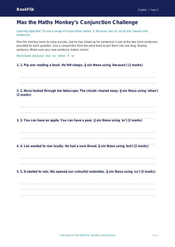 Free Conjunctions Activity Sheet | Class 3 | English | BookFlik worksheet preview — English Conjunctions