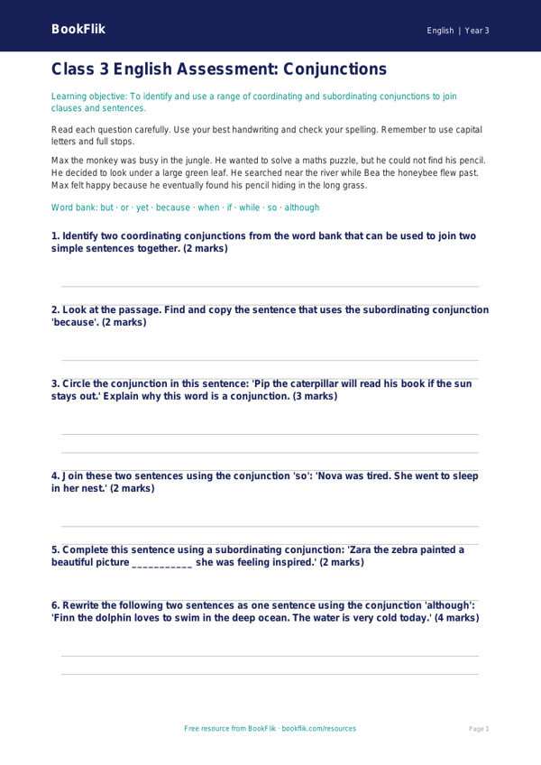 Free Conjunctions Assessment | Class 3 | English | BookFlik worksheet preview — English Conjunctions