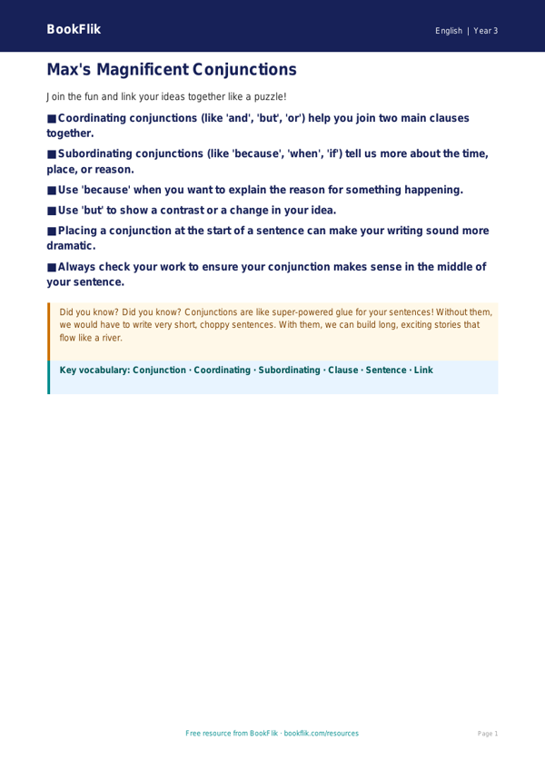Free Conjunctions Poster | Class 3 | English | BookFlik worksheet preview — English Conjunctions