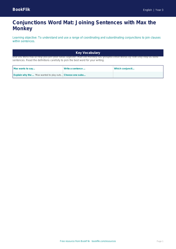 Free Conjunctions Word Mat | Class 3 | English | BookFlik worksheet preview — English Conjunctions