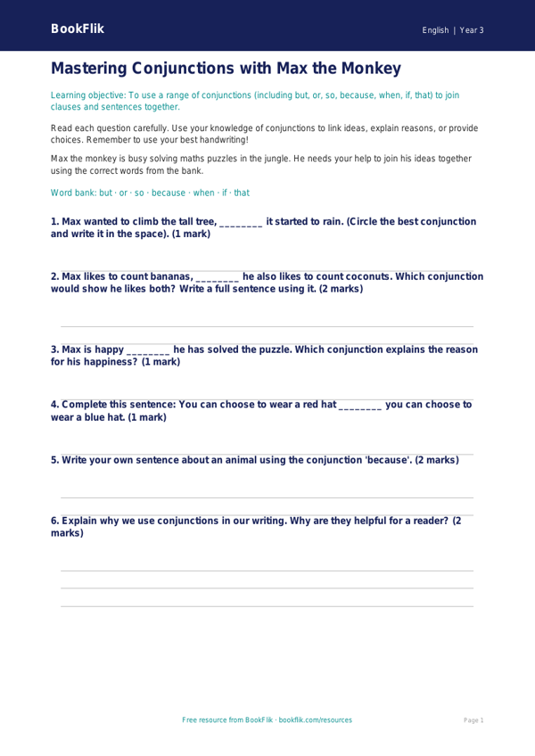 Free Conjunctions Worksheet | Class 3 | English | BookFlik worksheet preview — English Conjunctions
