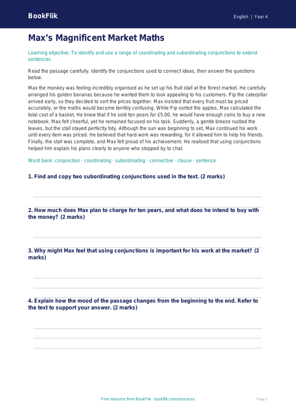 English conjunctions comprehension class 4 greater depth worksheet preview — English Conjunctions