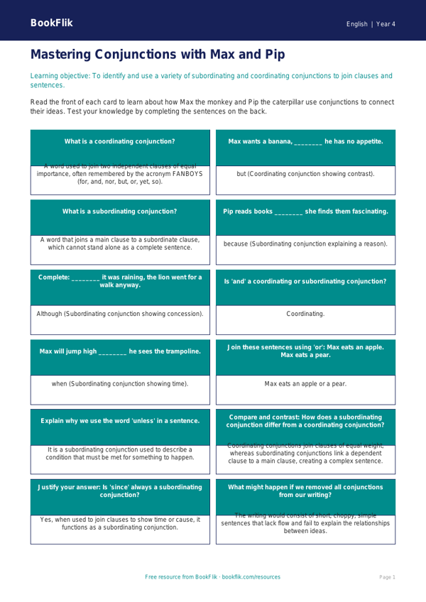 Conjunctions Flashcards for Class 4 | CBSE English Grammar | BookFlik worksheet preview — English Conjunctions