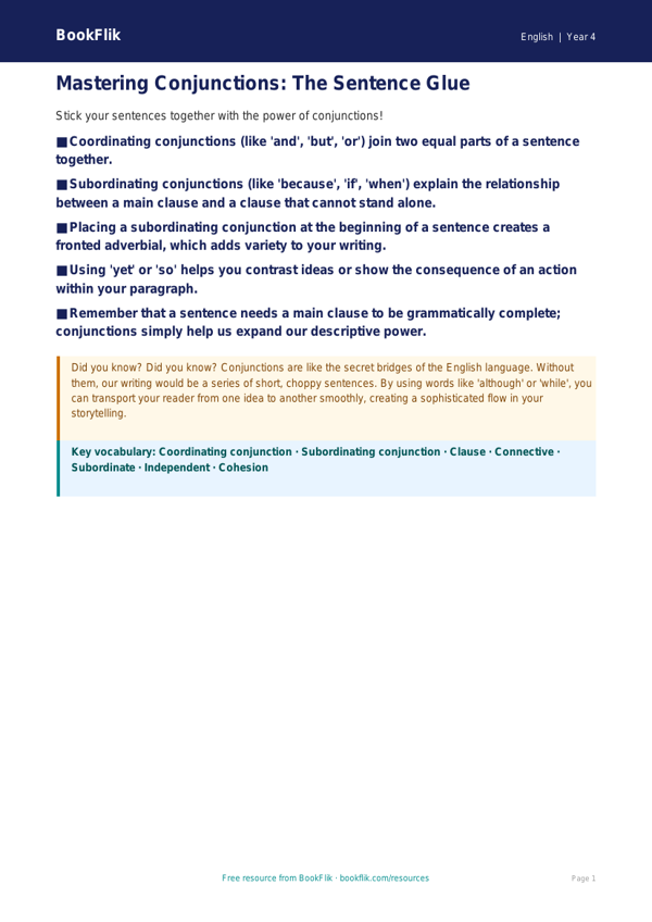 Free Conjunctions Poster | Class 4 | English | BookFlik worksheet preview — English Conjunctions
