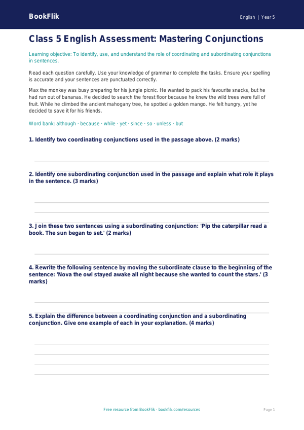 Free Conjunctions Assessment | Class 5 | English | BookFlik worksheet preview — English Conjunctions