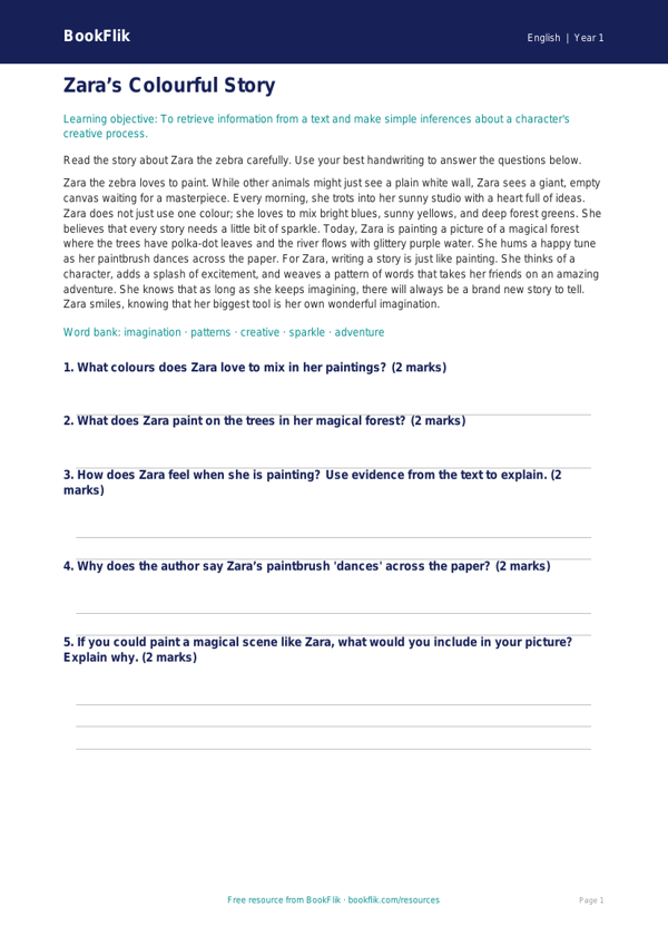 Free Creative Writing Comprehension | Class 1 | English | BookFlik worksheet preview — English Creative Writing