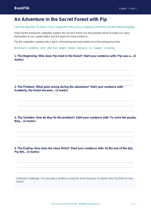 Free Creative Writing Writing Frame | Class 1 | English | BookFlik worksheet preview — English Creative Writing