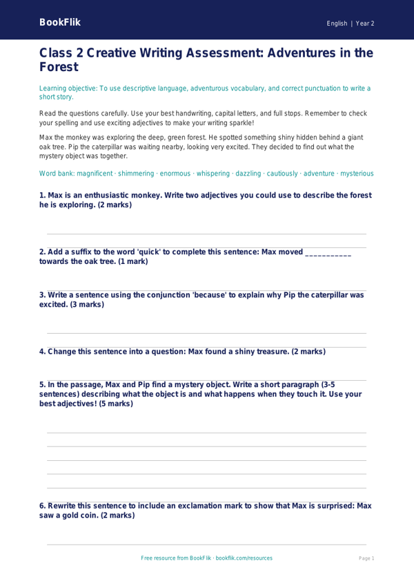 Creative Writing Assessment for Class 2 | CBSE English Practice worksheet preview — English Creative Writing
