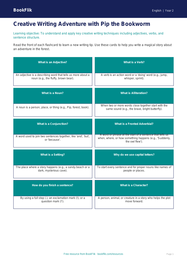 Free Creative Writing Flashcards | Class 2 | English | BookFlik worksheet preview — English Creative Writing