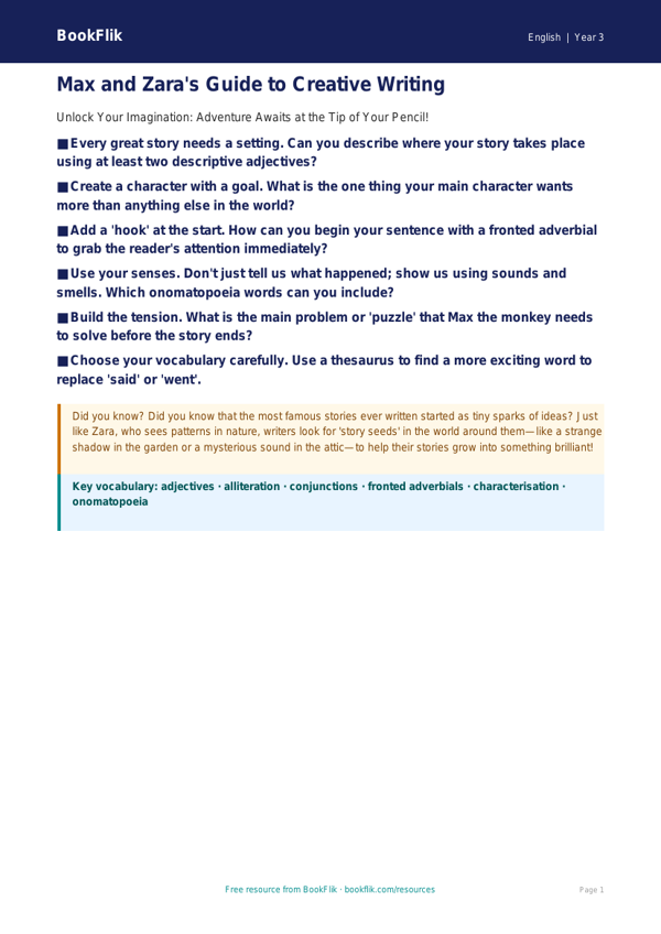 Free Creative Writing Poster | Class 3 | English | BookFlik worksheet preview — English Creative Writing