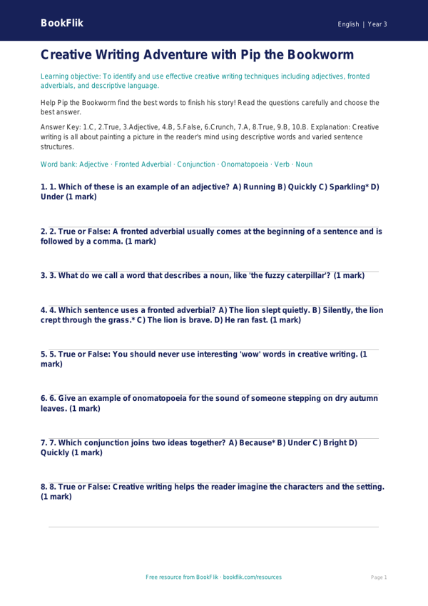 Free Creative Writing Quiz | Class 3 | English | BookFlik worksheet preview — English Creative Writing