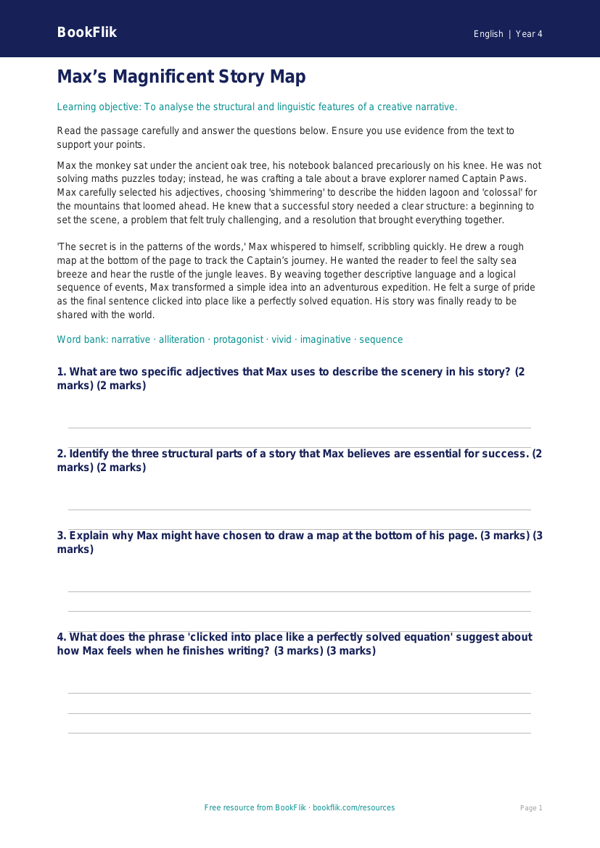 Free Creative Writing Comprehension | Class 4 | English | BookFlik worksheet preview — English Creative Writing