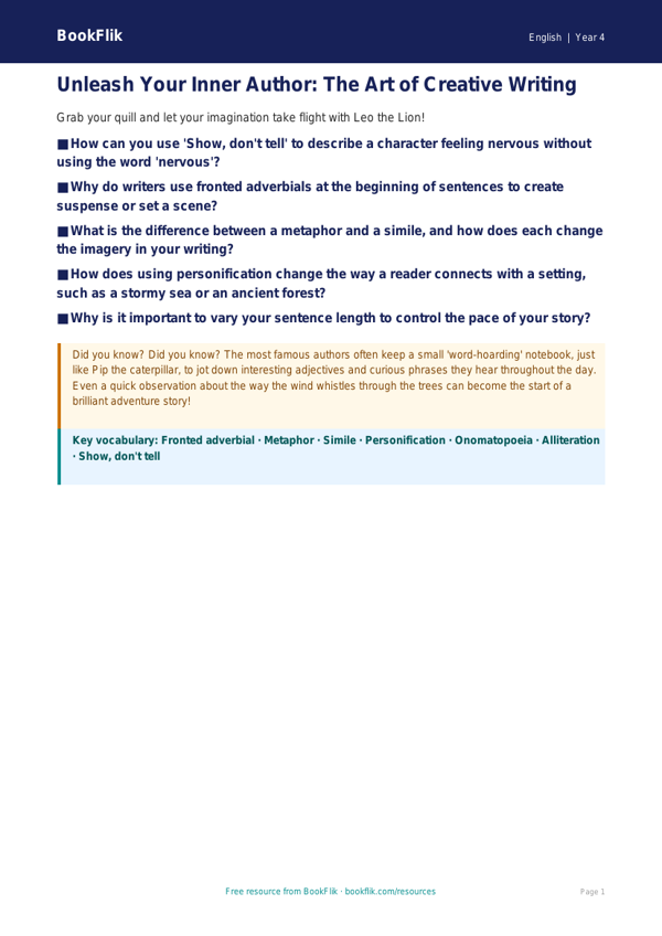 Creative Writing Poster for Class 4 | CBSE English Resources | BookFlik worksheet preview — English Creative Writing
