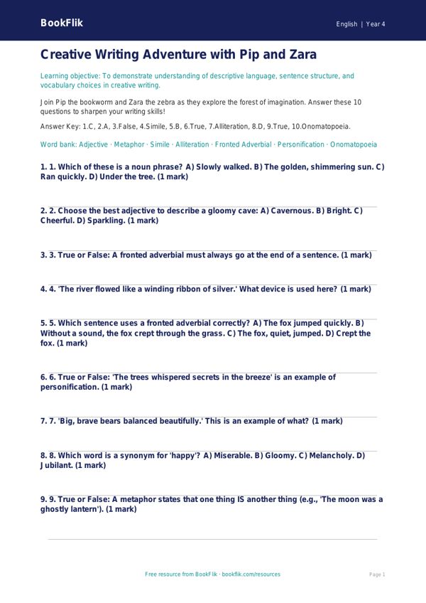 Creative Writing Quiz for Class 4 | CBSE English Worksheet | BookFlik worksheet preview — English Creative Writing
