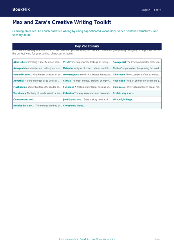 English creative writing word mat class 4 greater depth worksheet preview — English Creative Writing