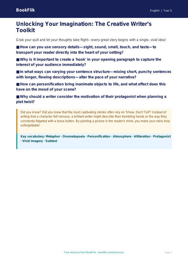 Creative Writing Poster for Class 5 | CBSE English Resources | BookFlik worksheet preview — English Creative Writing