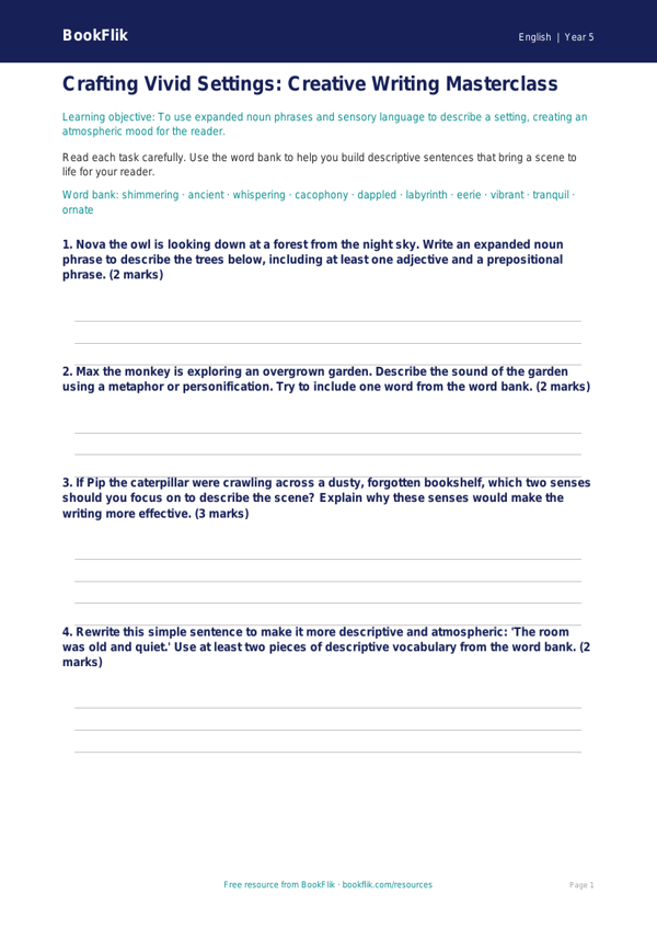 Free Creative Writing Worksheet | Class 5 | English | BookFlik worksheet preview — English Creative Writing