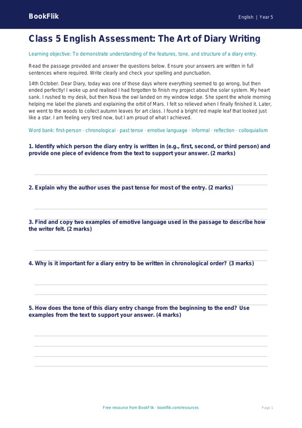 Free Diary Writing Assessment | Class 5 | English | BookFlik worksheet preview — English Diary Writing