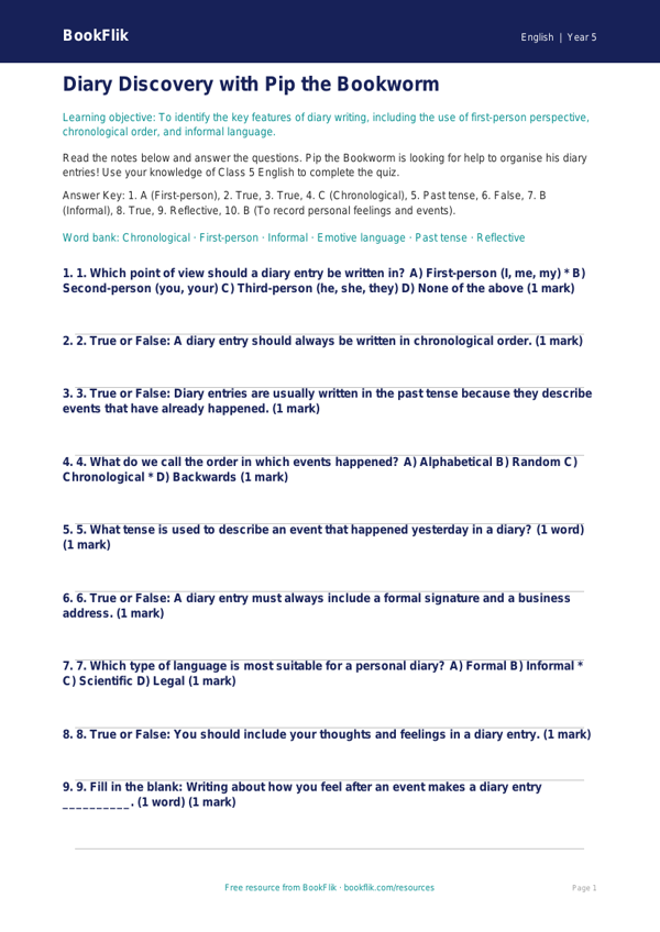Free Diary Writing Quiz | Class 5 | English | BookFlik worksheet preview — English Diary Writing