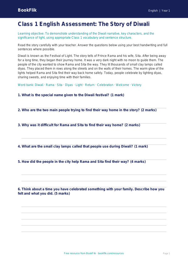 Free Diwali Story Assessment | Class 1 | English | BookFlik worksheet preview — English Diwali Story