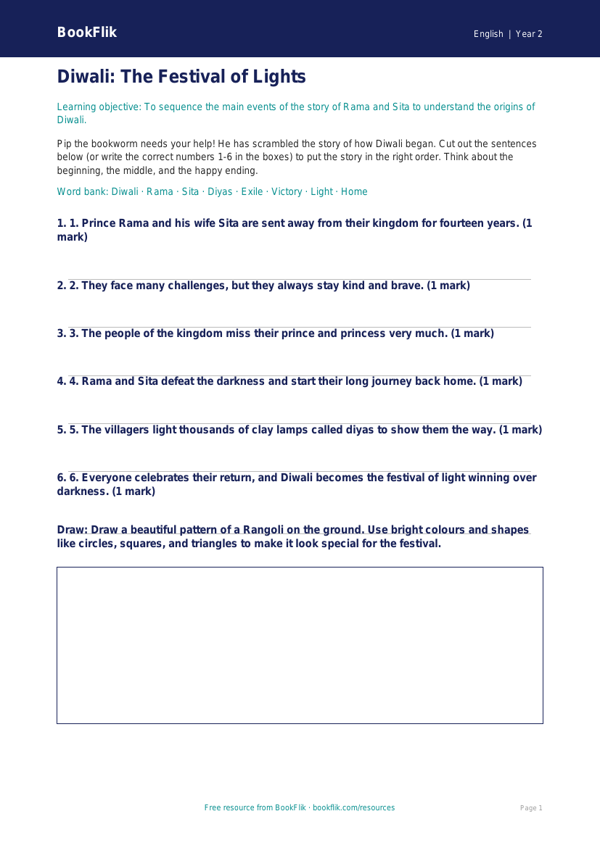 Diwali Story Activity Sheet for Class 2 | English | BookFlik worksheet preview — English Diwali Story
