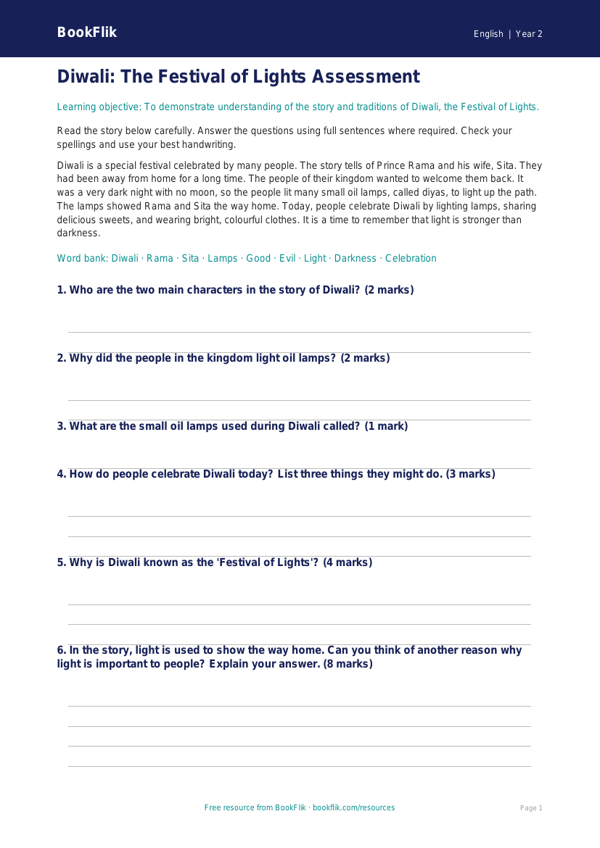 Diwali Story Assessment for Class 2 | English Worksheet | BookFlik worksheet preview — English Diwali Story