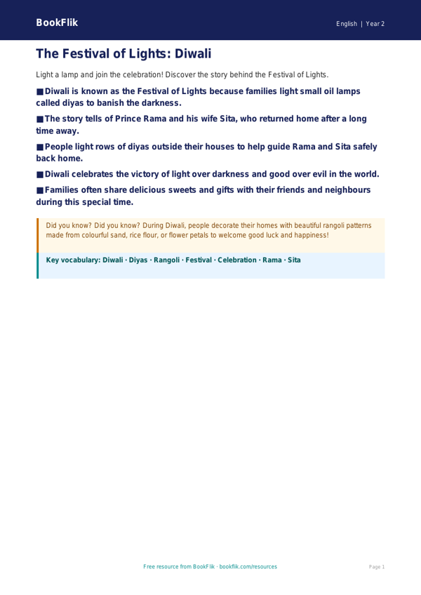 Diwali Story Poster for Class 2 | CBSE English Resources | BookFlik worksheet preview — English Diwali Story