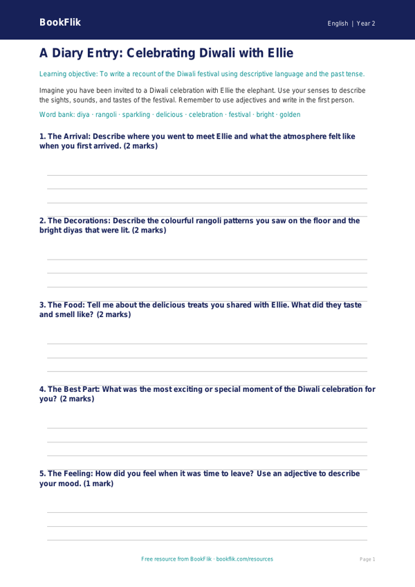 Free Diwali Story Template | Class 2 | English | BookFlik worksheet preview — English Diwali Story