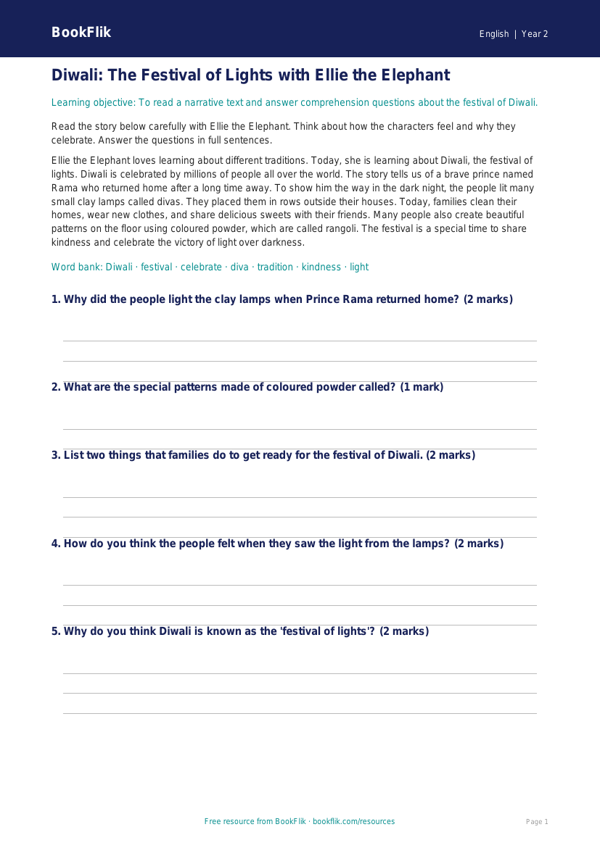Free Diwali Story Track Sheet | Class 2 | English | BookFlik worksheet preview — English Diwali Story