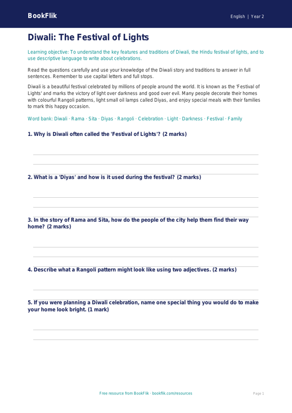 Free Diwali Story Worksheet | Class 2 | English | BookFlik worksheet preview — English Diwali Story