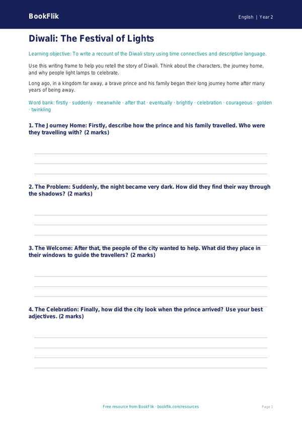 Free Diwali Story Writing Frame | Class 2 | English | BookFlik worksheet preview — English Diwali Story