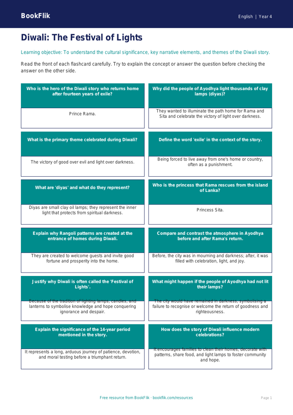 Free Diwali Story Flashcards | Class 4 | English | BookFlik worksheet preview — English Diwali Story