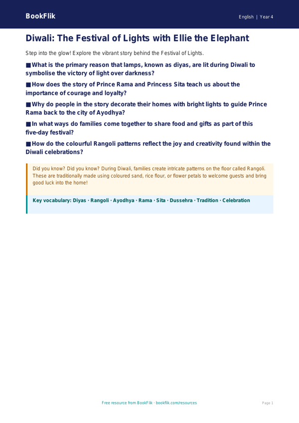 Free Diwali Story Poster | Class 4 | English | BookFlik worksheet preview — English Diwali Story
